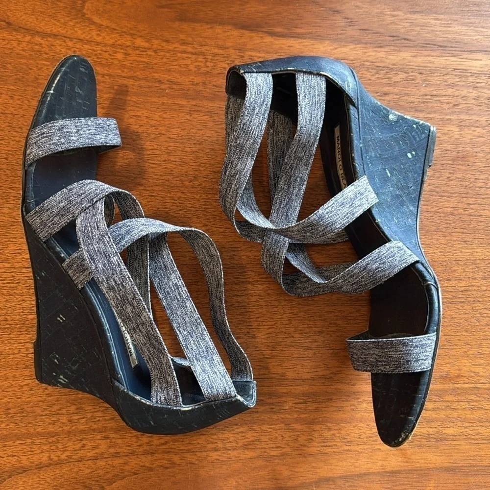 Manolo Blahnik “Glassa” Crisscross Denim Wedge Sandals in Blue, Size 10